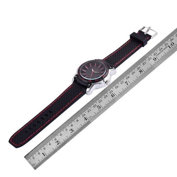 STRADA Japanese Movement Black and Red Dial Water Resistant Watch in Silver Tone with Stainless Back and Black Silicone Strap