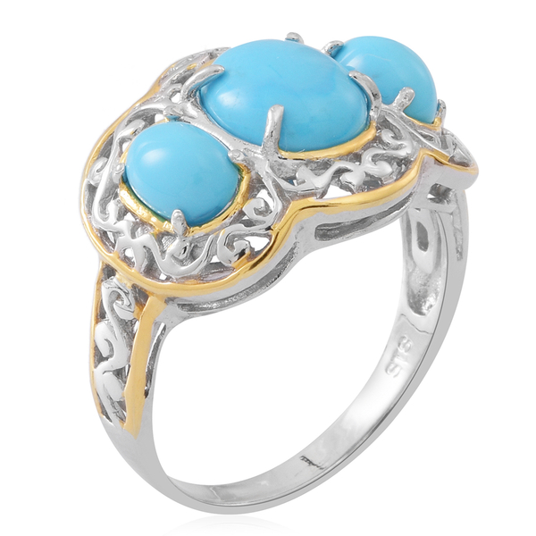 AAA Arizona Sleeping Beauty Turquoise (Ovl 2.50 Ct) 3 Stone Ring in Rhodium and Gold Overlay Sterling Silver 4.000 Ct.