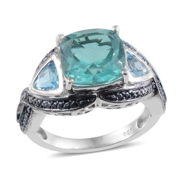 Paraiba Quartz (Cush 4.25 Ct), Blue Topaz and Blue Diamond Ring in Platinum Overlay Sterling Silver 