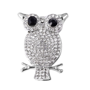 White and Black Austrian Crystal Owl Brooch in Silver Tone