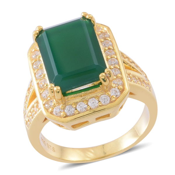 8.25 Ct Verde Onyx and Zircon Halo Ring in 14K Gold Plated Silver  7.50 Grams
