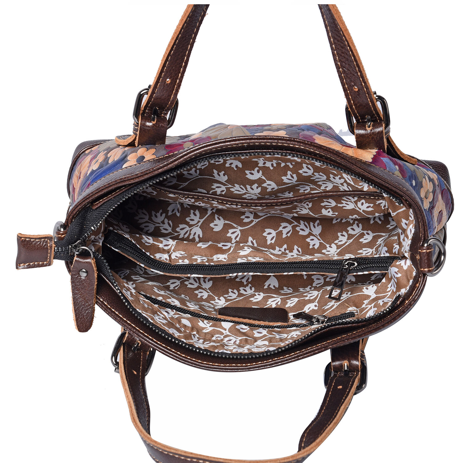 100% Genuine Leather Embossed Floral Pattern Satchel Bag (Siz3 31x9x21cm) - Blue and Multi Colour