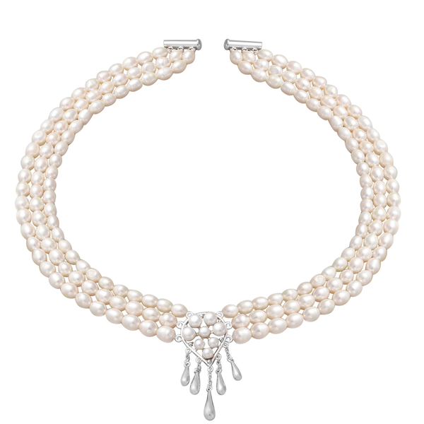 LucyQ Molten Pearl Collection - White Freshwater Pearl Necklace (Size - 18) with Clasp in Rhodium Ov