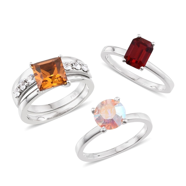 Set of 4 -  - Topaz Colour Crystal, AB Crystal, Light Siam Crystal and White Crystal Ring in ION Pla