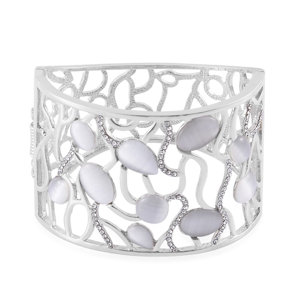 Simulated White Cats Eye and White Austrian Crystal Bangle (Size 7.5) in Silver Tone