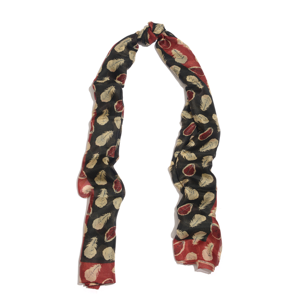 100% Mulberry Silk Red, Black and Multi Colour Feather Pattern Scarf (Size 180x100 Cm)