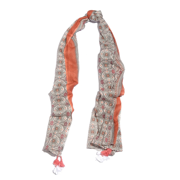 100% Cotton Orange, White and Multi Colour Printed Scarf with Tassels (Size 200X180 Cm)