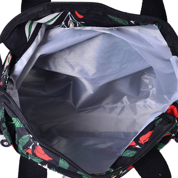 Black and Multi Colour Leaves Pattern Waterproof Sport Bag with External Zipper Pocket (Size 28x28x10 Cm)