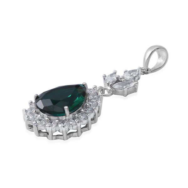2 Piece Set - ELANZA Simulated Emerald (Pear 13x10 mm), Simulated Diamond Drop Dangle Earrings (with Push Back) and Pendant in Rhodium Overlay Sterling Silver, Silver wt 7.00 Gms.