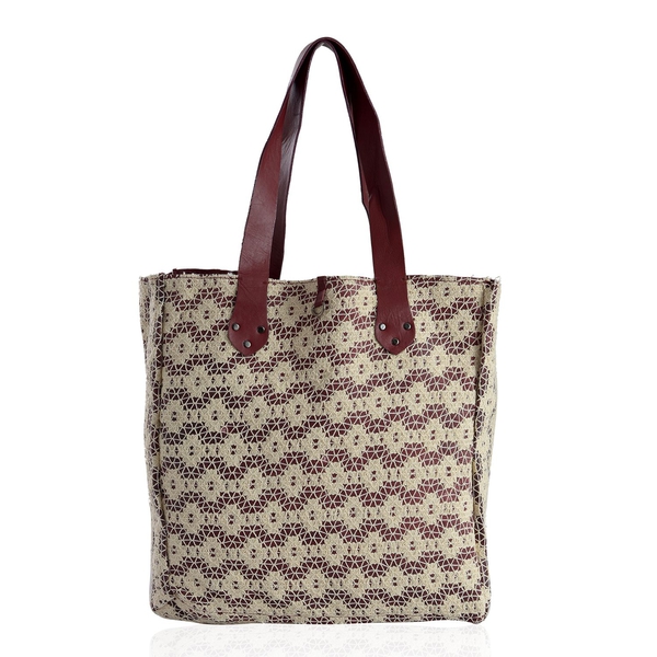Linea Burgundy Genuine Leather With 100% Cotton Floral Lace Bonding Reversible Tote  (Size 34x34x8 Cm)