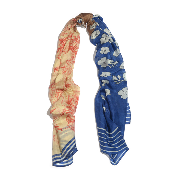 100% Mulberry Silk Royal Blue, Chocolate and Multi Colour Scarf (Size 180x100 Cm)