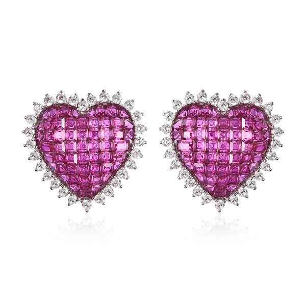 Lustro Stella Simulated Ruby and Simulated Diamond Heart Stud Earrings (with Push Back) in Rhodium O