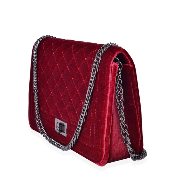 Designer Inspired - Winter Berry Colour Diamond Pattern Velvet Crossbody Bag with Chain Strap (Size 23.5X15X7 Cm)