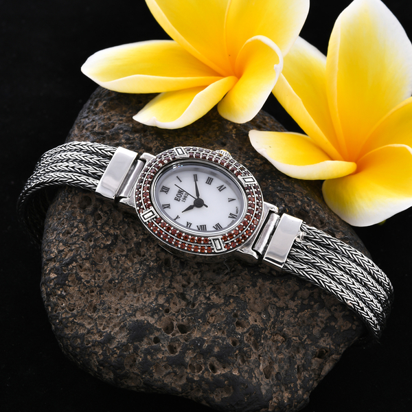 Royal Bali Collection - EON 1962 Swiss Movement Mozambique Garnet Studded Water Resistant Tulang Naga Bracelet Watch (Size 7) in Sterling Silver 1.23 Ct, Silver wt 35.52 Gms