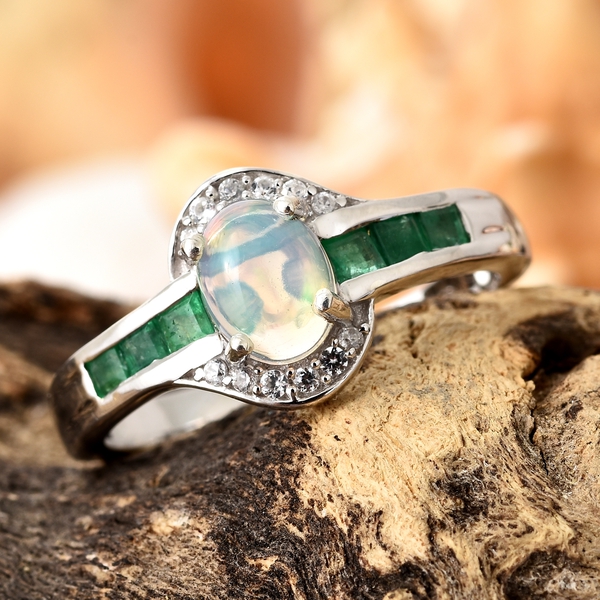Ethiopian Welo Opal (Ovl), Kagem Zambian Emerald and Natural Cambodian Zircon Ring in Platinum Overlay Sterling Silver 1.250 Ct.