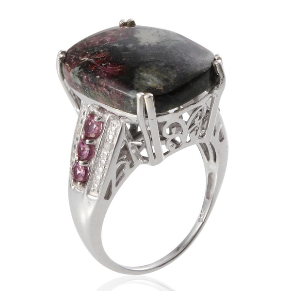 Natural  Eudialyte (Cush 12.50 Ct), Rhodolite Garnet and Diamond Ring in Platinum Overlay Sterling Silver 13.320 Ct.
