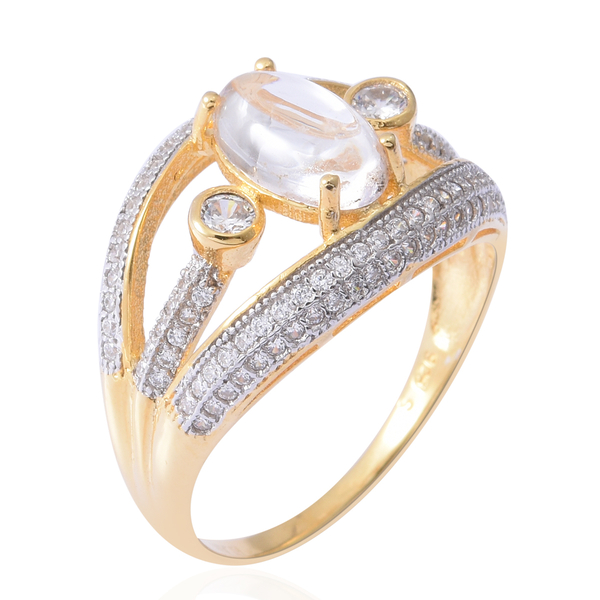 ELANZA  Simulated Diamond (Rnd), Simulated Milky Opal Ring in Rhodium and Yellow Gold Overlay Sterling Silver