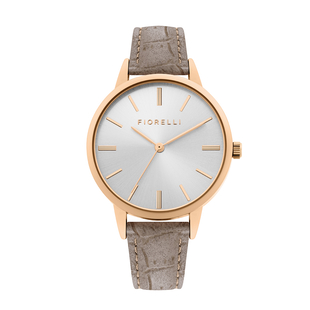 Fiorelli Ladies Watch with Rose Gold Case, Round Silver Sunray Dial and Grey Strap