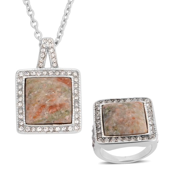 Autumn Jasper and White Austrian Crystal Ring and Pendant With Chain in Stainless Steel