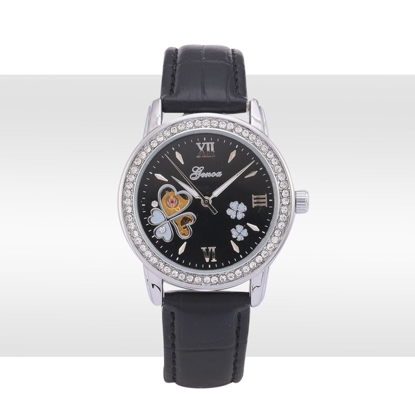 GENOA Automatic Skeleton White Austrian Crystal Studded MOP Floral Black Dial Water Resistant Watch in ION Plated Silver with Stainless Steel Back and Black Strap