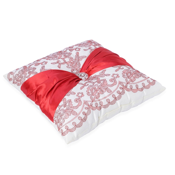 Red Colour Flowers Embroidered White Colour Cushion with Red Colour Christmas Bowknot and Synthetic White Crystal (Size 40x40 Cm)