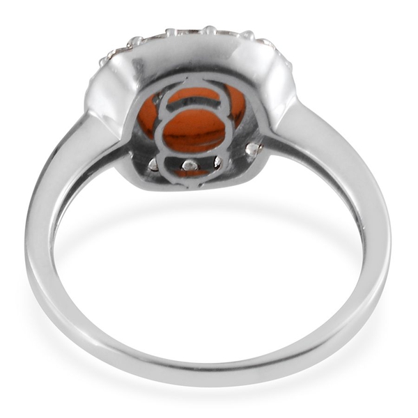 Mitiyagoda Peach Moonstone (Cush 2.50 Ct), White Topaz Ring in Platinum Overlay Sterling Silver 3.250 Ct.