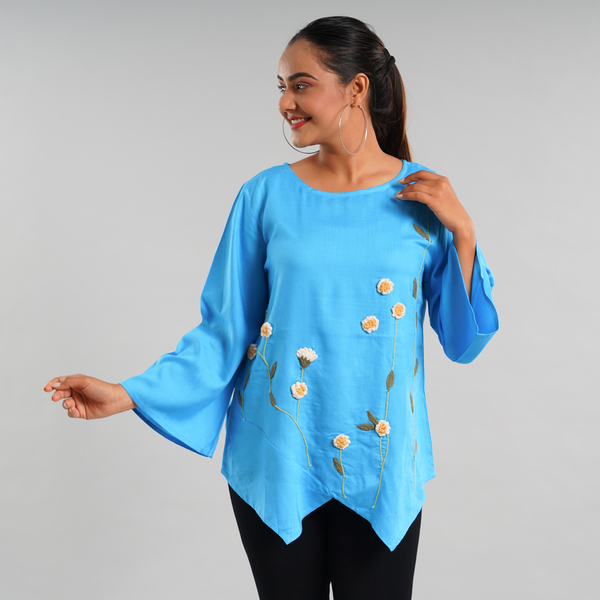 JOVIE 100% Viscose Floral Embroidery Women Top (Size:18-20 ) - Blue
