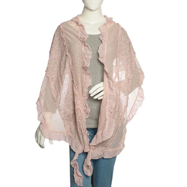 New Season 50% Cotton Peach, Pink and Multi Colour Floral Pattern Scarf with Hand Made Ruffle Border