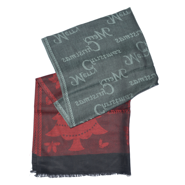 Autumn Winter Special Supersoft Modal Red, Black and Grey Colour Christmas Theme Inspired Reversible Jacquard Scarf with Fringes (Size 190X70 Cm)