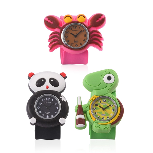 Set of 3 - STRADA Japanese Movement Water Resistant Panda, Turtle and Crab Watch with Green, Black a