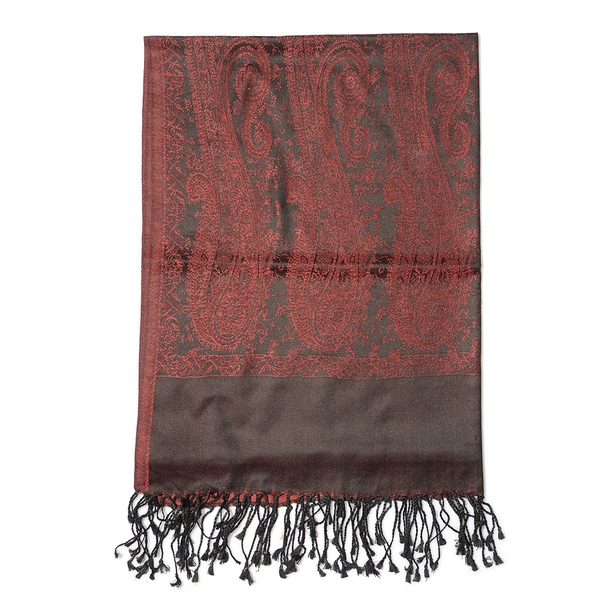 100% Superfine Silk Dark Red Colour Jacquard Jamawar Shawl with Fringes (Size 185x70 Cm) (Weight 125 - 140 Grams)