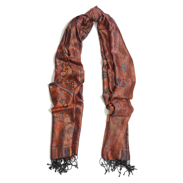 100% Superfine Silk Filigree Pattern Burnt Orange and Multi Colour Jacquard Jamawar Scarf with Fringes (Size 180x65 Cm) (Weight 125-140 Grams)