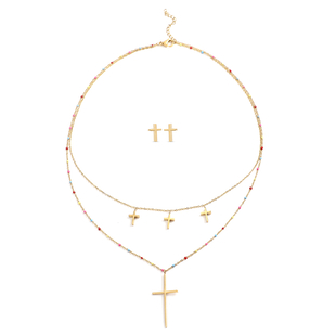 2 Piece Set - Cross Enamelled Necklace (Size 20 With 2 Inch Extender) and Earrings (With Push Back) 