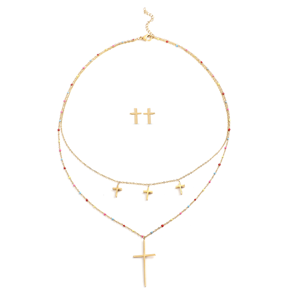 2 Piece Set - Cross Enamelled Necklace (Size 20 With 2 Inch Extender) and Earrings (With Push Back) 