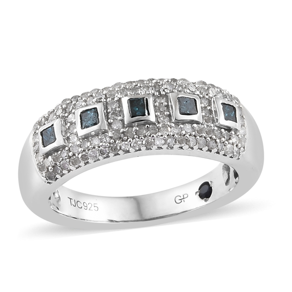 GP 0.52 Ct Blue Diamond and Multi Gemstone Cluster Ring in Platinum Plated Silver