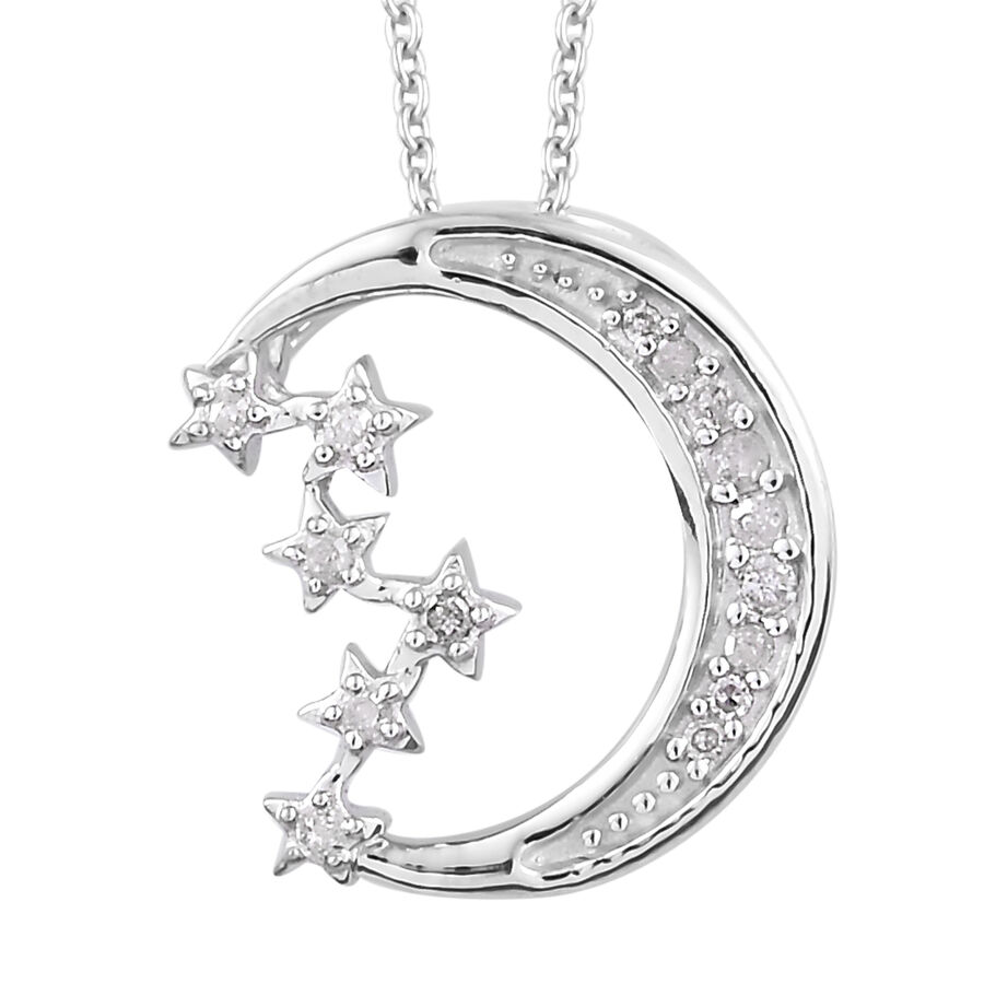 Diamond Crescent Moon and Star Pendant with Chain in Platinum Plated Sterling Silver 2.50 Grams ...