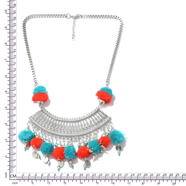 Trendy Boho Style Pom-Pom Necklace in Silver Tone