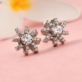 Lustro Stella Platinum Overlay Sterling Silver Floral Stud Earrings (with Push Back) Made with Finest CZ 1.00 Ct.