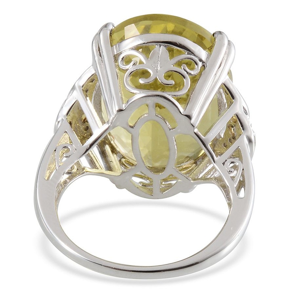 Brazilian Green Gold Quartz (Ovl 20.00 Ct), Yellow Sapphire and Diamond Ring in Platinum Overlay Sterling Silver 20.270 Ct.