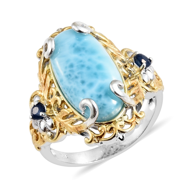10 Ct Larimar and Kanchanaburi Blue Sapphire Solitaire Ring in Platinum Plated Silver 7.36 Grams