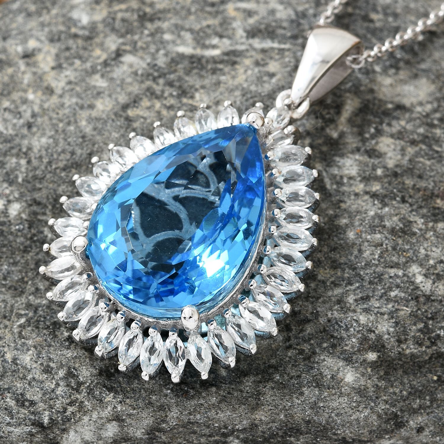 TJC Launch - Marambaia Topaz (Very Rare Size Pear 22X16), White Topaz Pendant with Chain (Size 18) in Platinum Overlay Sterling Silver 28.750 Ct. Silver wt 7.42 Gms.