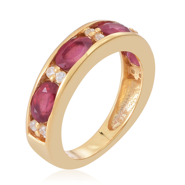African Ruby (Ovl), Natural Cambodian White Zircon Half Eternity Band Ring in 14K Gold Overlay Sterling Silver 3.000 Ct.