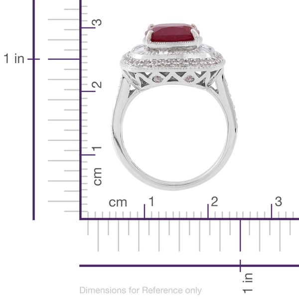 African Ruby (Cush 6.50 Ct), White Topaz Ring in Rhodium Plated Sterling Silver 10.000 Ct.