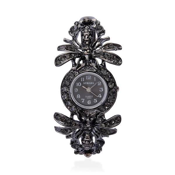 STRADA Japanese Movement Black Dial Bangle Watch in Black Tone with Stainless Steel Back and Black Austrian Crystal Dragonfly Strap