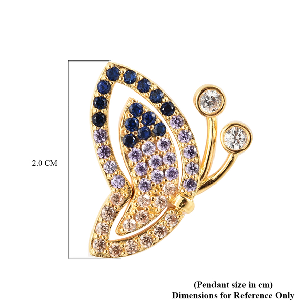 Simulated Diamond and Simulated Multi Gemstones Butterfly Pendant in Yellow Gold Overlay Sterling Silver