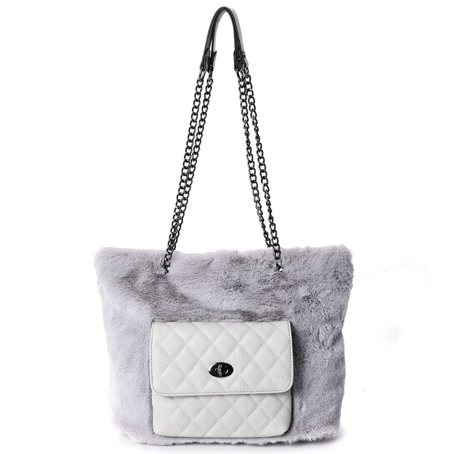 Faux Fur Tote Bag with Front Quilted Pattern Pocket and Zipper Closure (Size 33x27.5x12 Cm ...
