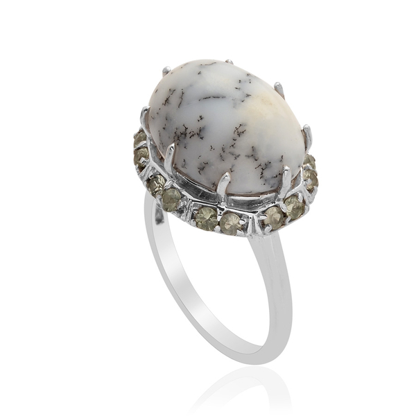 Dendritic Opal (Ovl 6.00 Ct), Green Sapphire Ring in Platinum Overlay Sterling Silver 6.750 Ct.