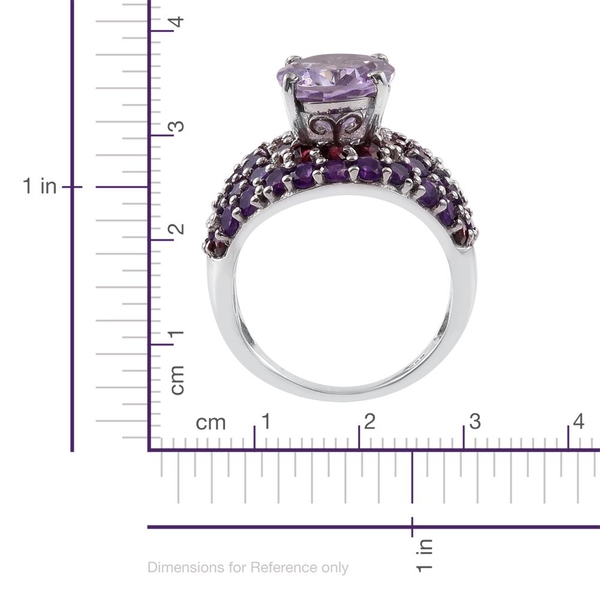 Designer Inspired-Rose De France Amethyst (Ovl), Amethyst and Rhodolite Garnet Ring in Platinum Overlay Sterling Silver 8.250 Ct. Silver wt 6.17 Gms.