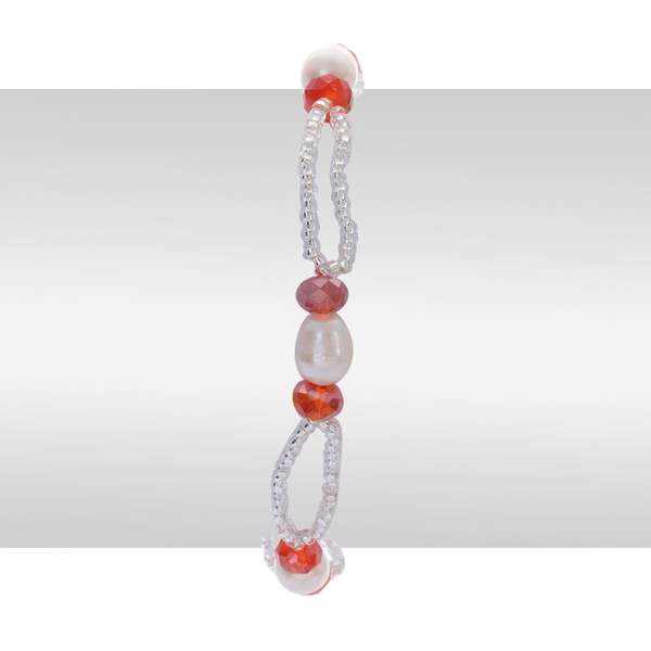 Fresh Water White Pearl, Red and White Glass Necklace (Size 18) and Bracelet (Size 7.5) in Stainless Steel