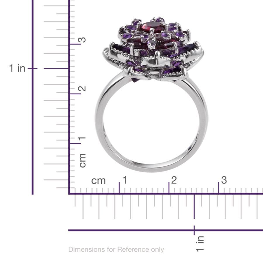 GP Rhodolite Garnet (Rnd 0.75 Ct), Amethyst and Kanchanaburi Blue Sapphire Floral Ring in Platinum Overlay Sterling Silver 7.500 Ct.